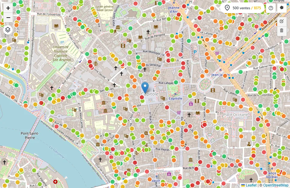 Carte des ventes immobilières DVF avec points colorés par prix au m² et légende